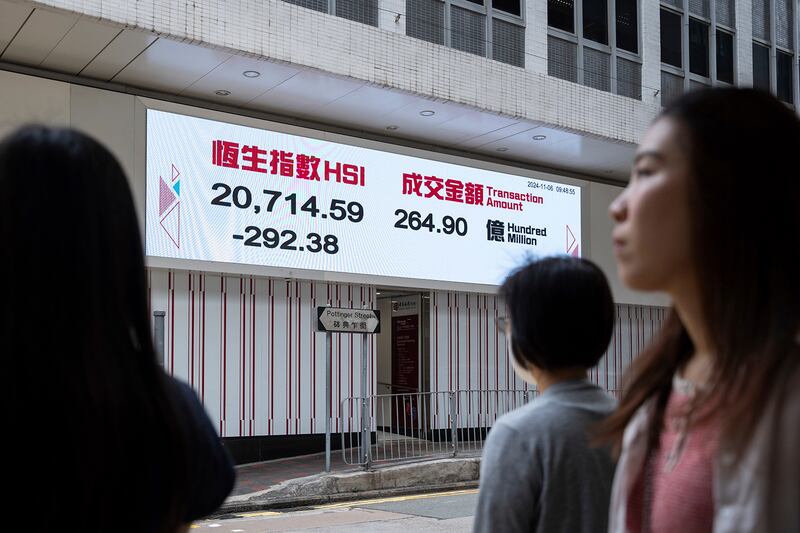 Pedestrians walk past an electronic screen displaying the drop in the Hang Seng stock market index in Hong Kong, Nov. 6, 2024.