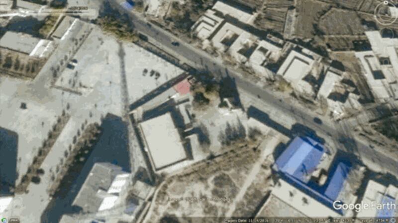 A comparison shows satellite imagery of the Atush Bastaggam Mosque in Xinjiang's Atush city taken on Nov. 14, 2016 and in 2019.