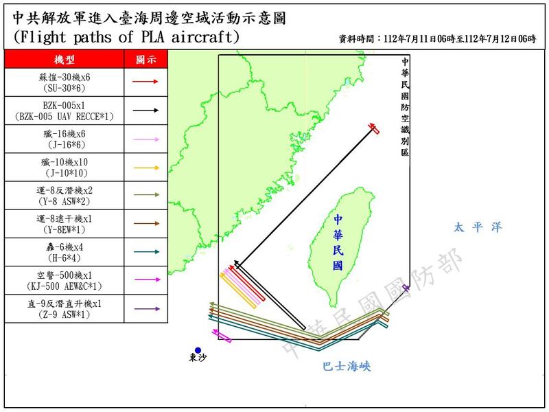 共机派出38架次后，隔一日台湾的国防部再次侦获共机33架次。(台湾的国防部提供)