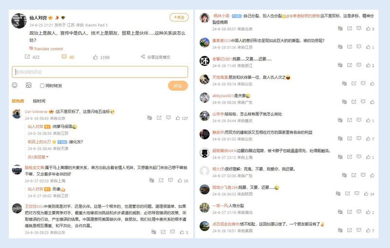 中国网民的相关评论（微博截图）