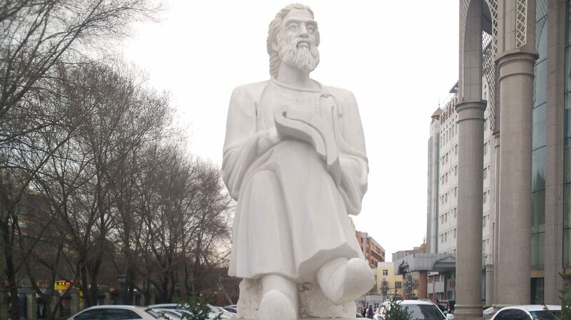 A statue of Ghazibay outside of the XUAR Hospital of Uyghur Medicine in Urumqi, in 2017.