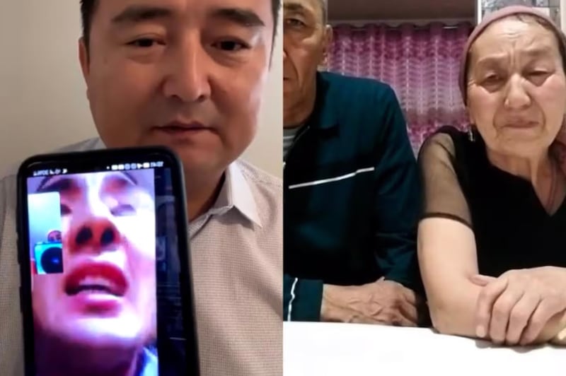 Kazakhstan rights activist Serikzhan Bilash in a video call with Zhenis Kanat's parents after their son traveled, Feb. 2025.