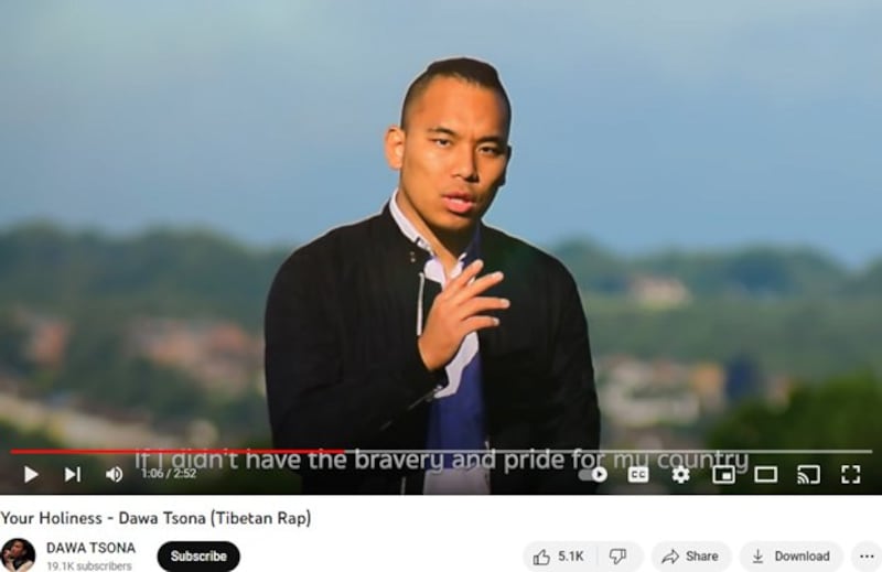 Tenzin Dawa Tsona, a Tibetan singer in his early 30s, performs in the video for his song 'Your Holiness,' which is dedicated to the Dalai Lama. Credit: Screenshot from Tenzin Dawa Tsona's YouTube channel