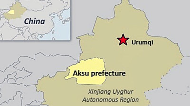 A map shows Aksu prefecture in northwest China's Xinjiang Uyghur Autonomous Region.