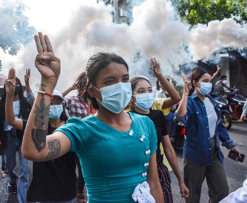 Women protesters march against the junta in Mandalay, Aug. 24, 2021. RFA