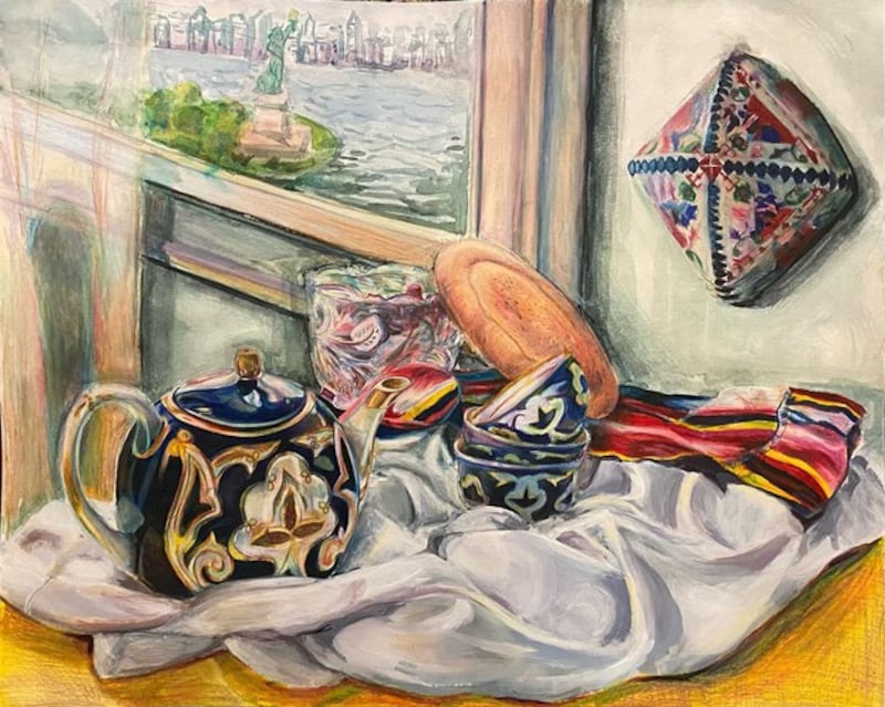 In second place, ‘Freedom and Liberty' by Adina Sabir, 16, from the United States, shows a tea set and a wheel of Uyghur flatbread on a table with New York City in the background. (Adina Sabir)