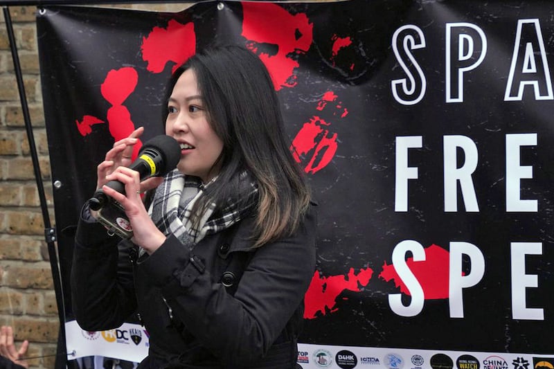 Carmen Lau speaks at a demonstration against China's "super embassy" in London, Feb. 8, 2025.