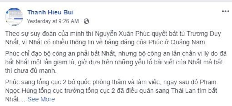 Dòng trạng thái trên Facebook của blogger Bùi Thanh Hiếu về blogger Trương Duy Nhất