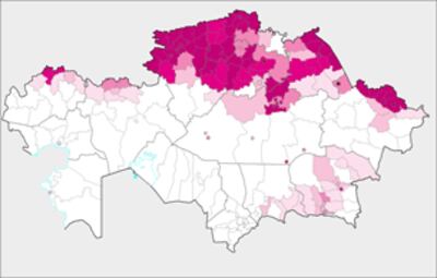 Dân số Nga Slavic tại miền Bắc Kazakhstan, màu đỏ đậm là trên 50%, giảm dần đến màu trắng là 0% - Courtesy of Wikipedia