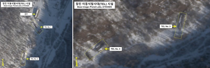 2025년 2월 19일, 미국의 상업위성인 플래닛랩스(Planet Labs)를 통해 RFA가 촬영한 북한 함경남도 장진군 일대. 미사일 기지로 추정되는 시설에 이동식 발사대(TEL) 4대가 보인다.