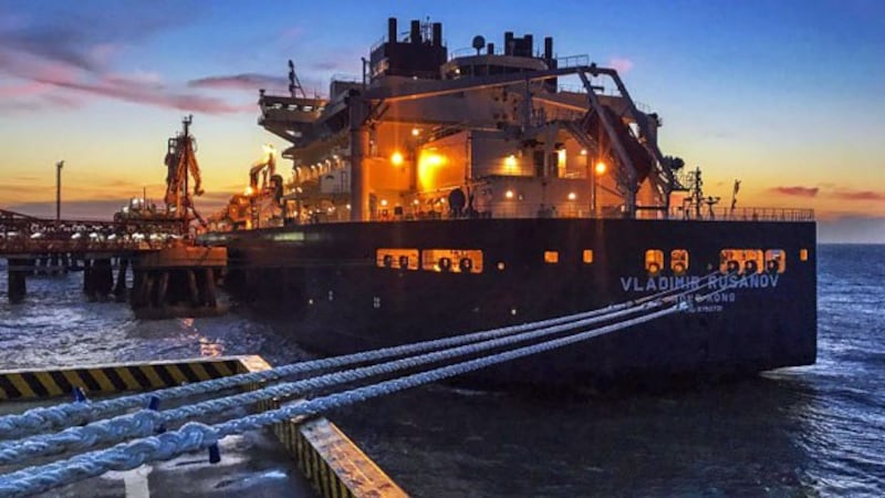 The liquefied natural gas tanker 'Vladimir Rusanov' is seen following its arrival from Russia's Arctic Yamal peninsula at an LNG terminal in Nantong, eastern China's Jiangsu province , July 19, 2018.