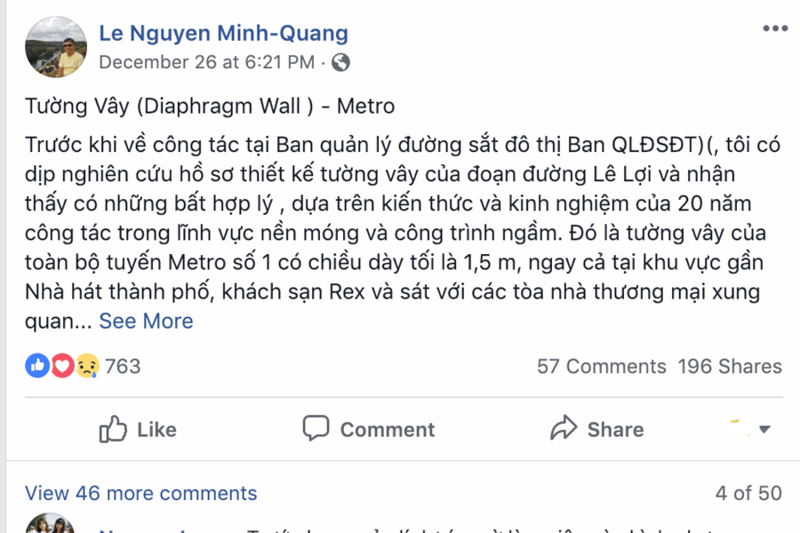 Một dòng trạng thái trên Facebook của ông Lê Nguyễn Minh Quang giải thích về độ dày tường vây ở dự án Metro Bến Thành Suối Tiên