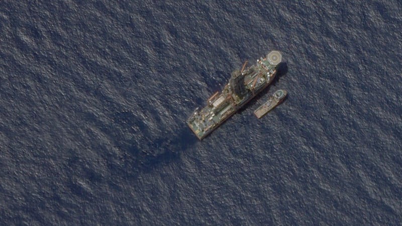 Satellite image of the Malaysian-contracted drillship West Capella in the South China Sea, accompanied by the Executive Stride, a resupply vessel, April 22, 2020. 