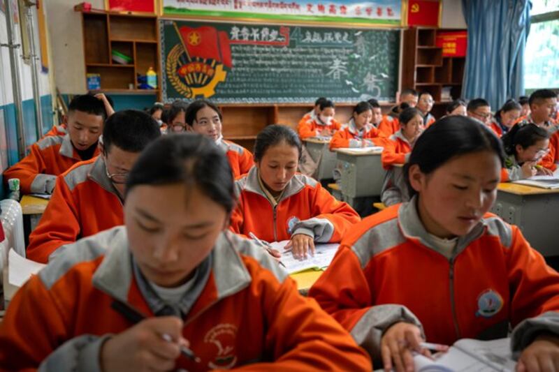 Students attend a Chinese language learning class at Nagqu No. 2 Senior High School, a public boarding school for students from northern Tibet, in Lhasa, western China's Tibet Autonomous Region, June 1, 2021. Credit: Associated Press