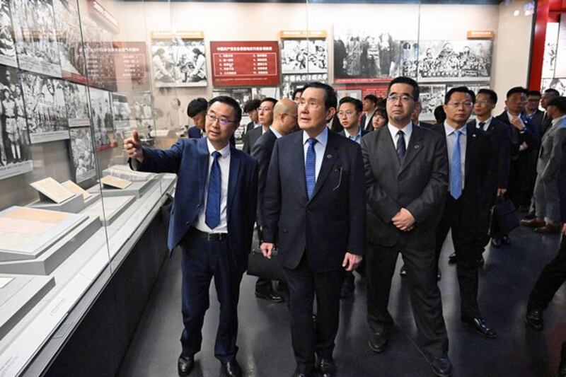 Former Taiwan President Ma Ying-jeou (C) and members of a delegation of young people from Taiwan visit the Museum of the War of Chinese People's Resistance Against Japanese Aggression in Beijing, April 8, 2024. (Chen Yehua/Xinhua via Getty Images)