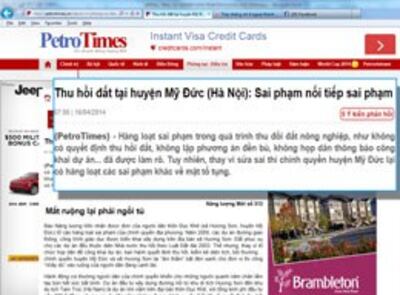 Báo PetroTimes đưa tin ngày 16 tháng, 2014: Thu hồi đất tại huyện Mỹ Đức (Hà Nội): Sai phạm nối tiếp sai phạm - Mất ruộng lại phải ngồi tù...(Screen capture)