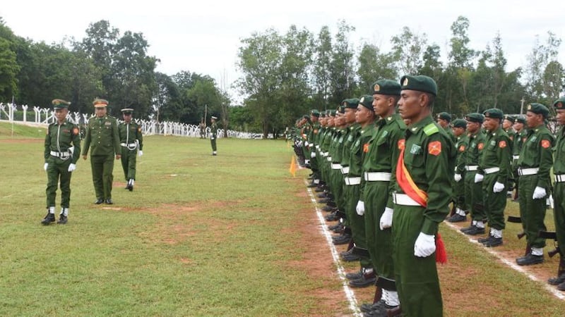 A military parade marks the completion of a people’s militia training course in southern Shan state, June 28, 2024.