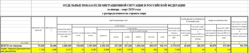 러시아 내무부가 21일 공개한 ‘국가별 비자 발급 현황 자료'에서 북한 국적자에 대한 부분(노란색).출처-러시아 내무부 자료
