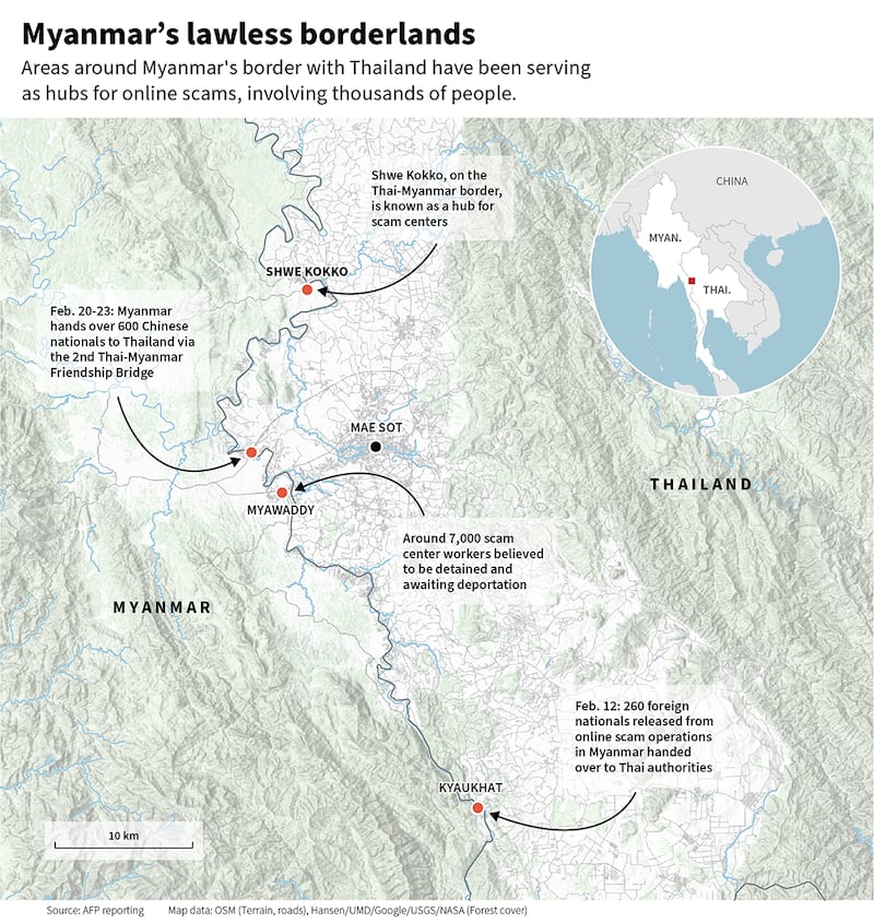 Map of scam centers in eastern Myanmar