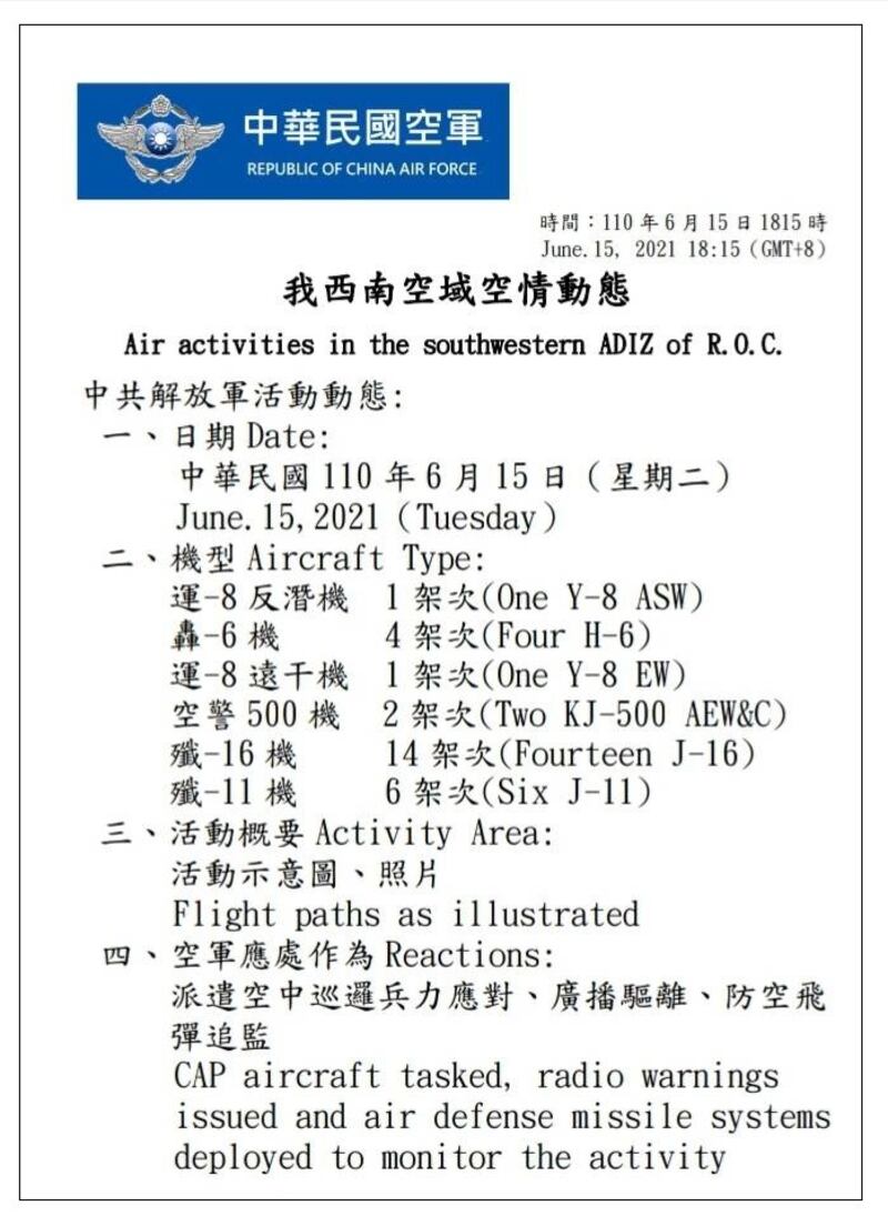 6月15日中国解放军机28架次扰台公开资料史上最大规模。（台湾国防部提供）