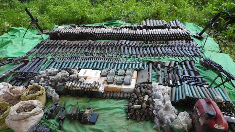 Weapons and ammunition seized by Arakan Army forces on Mae Taung hill in Ann township are seen Oct. 7, 2024. (AA Info Desk)