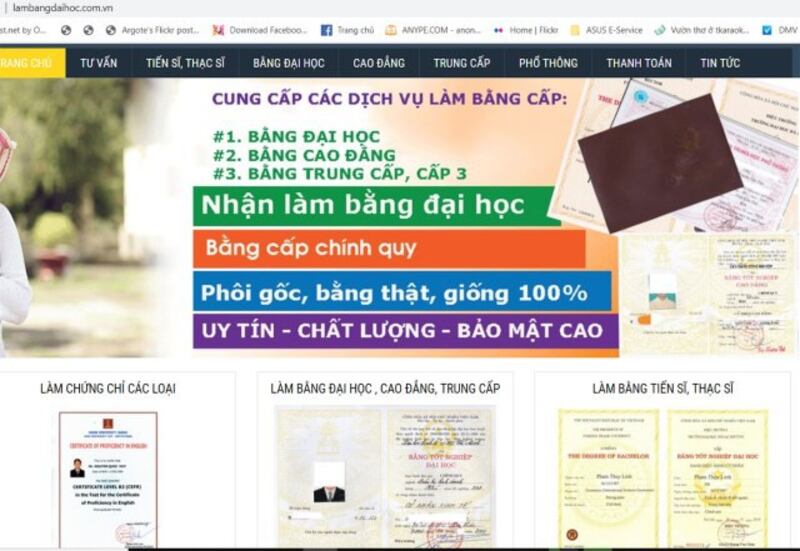 Ảnh chụp màn hình trang web cung cấp bằng giả