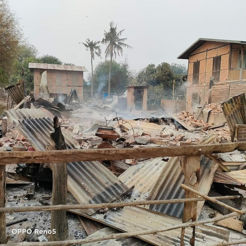 The smoking remains of homes destroyed by the military in Khin-U township's Ngar Tin Gyi village, April 4, 2022. Credit: Citizen journalist