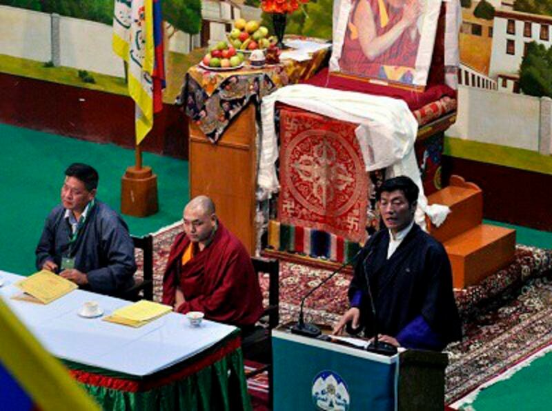 Lobsang Sangay, prime minister of the exile Tibetan government, addresses the opening of the second Tibetan Special General Meeting in Dharamsala, Sept. 25, 2012. Credit: RFA. 