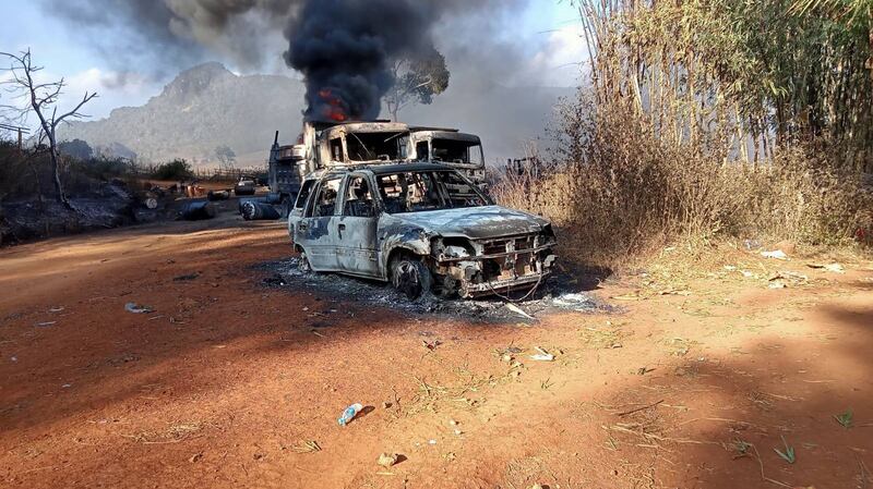 Destroyed vehicles in Kayah state's Hpruso township, Dec. 24, 2021. Karenni Nationalities Defense Force