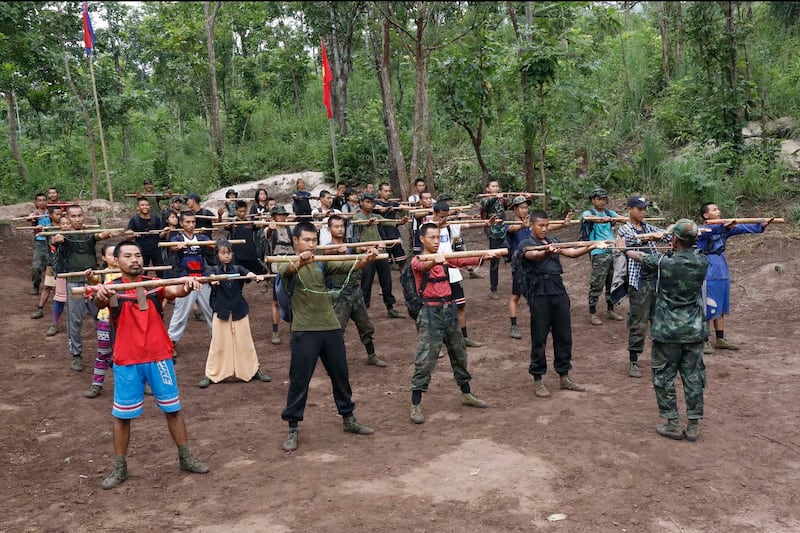 Members of the People's Defense Force, the armed wing of the civilian National Unity Government opposed to Myanmar's ruling military regime train at a camp in Kayin State, near Myanmar-Thai border, Oct. 9, 2021. Credit: AFP