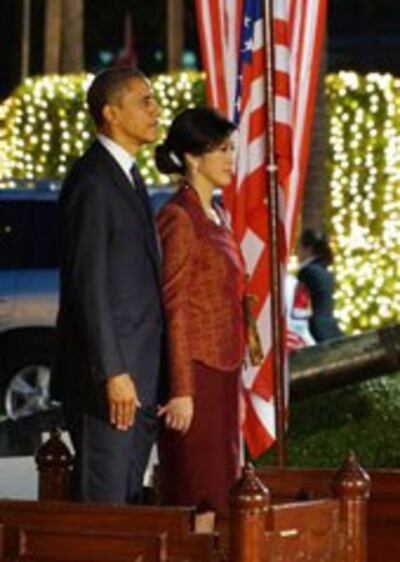 Tổng thống Hoa kỳ Barack Obama và nữ thủ tướng Thái Lan, Yongluck Shinawatra hôm 18 tháng 11, 2012.