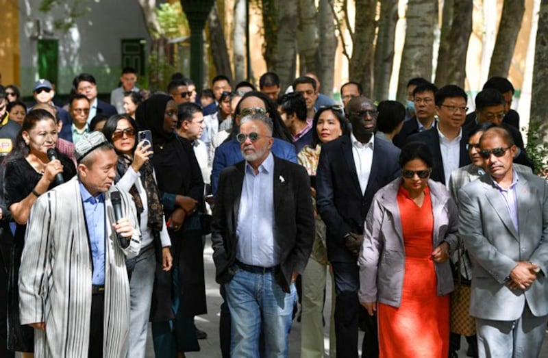 Foreign envoys from 14 countries visit the Id Kah Mosque in Kashgar, northwestern China's Xinjiang region, at the invitation of China's Ministry of Foreign Affairs, April 24, 2023. Credit: Hu Huhu/Xinhua via Getty Images