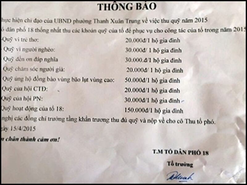 Ảnh minh họa: Danh sách các quỹ mà người dân tại một địa phương ở Hà Nội phải đóng trước đây.