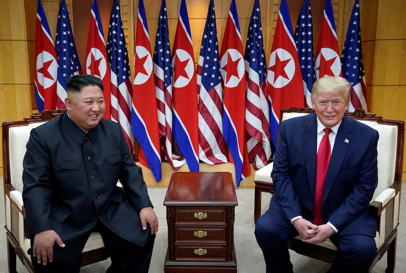 U.S. President Donald Trump meets with North Korean leader Kim Jong Un at the demilitarized zone on the border of North and South Korea, June 30, 2019.