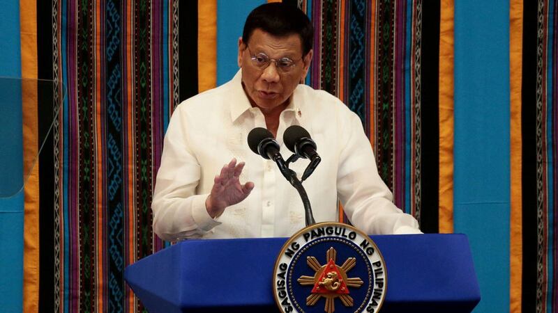 Philippine President Rodrigo Duterte gestures during his fourth State of the Nation Address at the Philippine Congress in Quezon City, Metro Manila, Philippines, July 22, 2019.