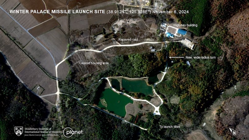 The suspected missile complex as of Nov. 6, 2024. The launch site has been covered to look like a putting green.
Credit: Planet Labs /the Open Source Team at the James Martin Center for Nonproliferation Studies of the Middlebury Institute



Ryokpo2
Caption: What is believed to be a new missile checkout and storage facility with a high-bay building and an annex suitable for storing ICBM launch vehicles. 
Credit: Airbus/the Open Source Team at the James Martin Center for Nonproliferation Studies of the Middlebury Institute