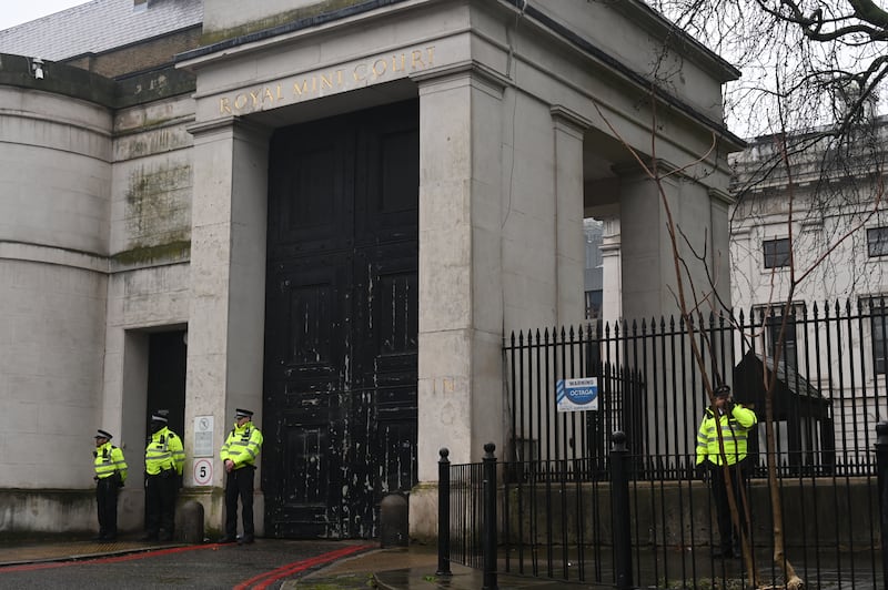 Police stand outside Royal Mint Court, the controversial site of China's proposed new "super-embassy" in London on Feb. 8, 2025.