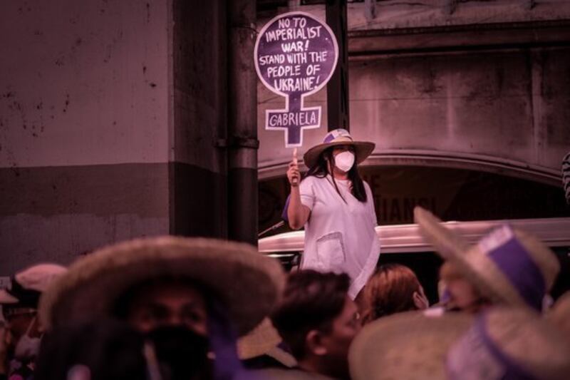 Filipina activists protest against the Russian invasion of Ukraine, during an International Women's Day march in Manila, Mar. 8, 2022. Credit: BenarNews