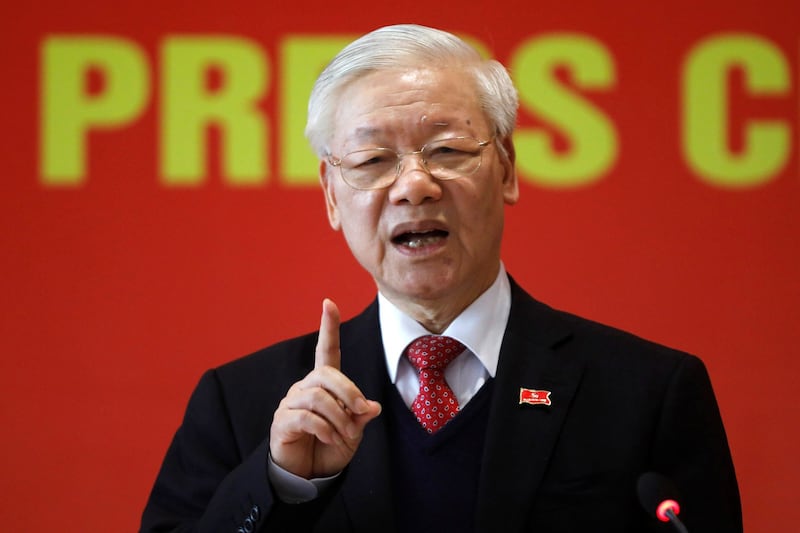 Vietnam's President Nguyen Phu Trong speaks at a news conference after he is re-elected as Communist Party's General Secretary for a third term after the closing ceremony of 13th national congress of the ruling Communist Party in Hanoi, Vietnam, February 2021. Credit: Reuters