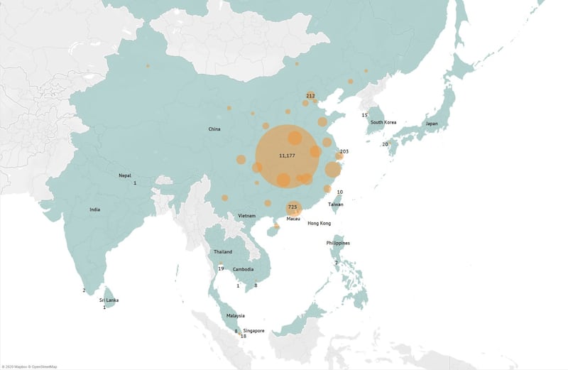 A map showing the latest confirmed cases of the novel coronavirus (nCoV) in Asia.