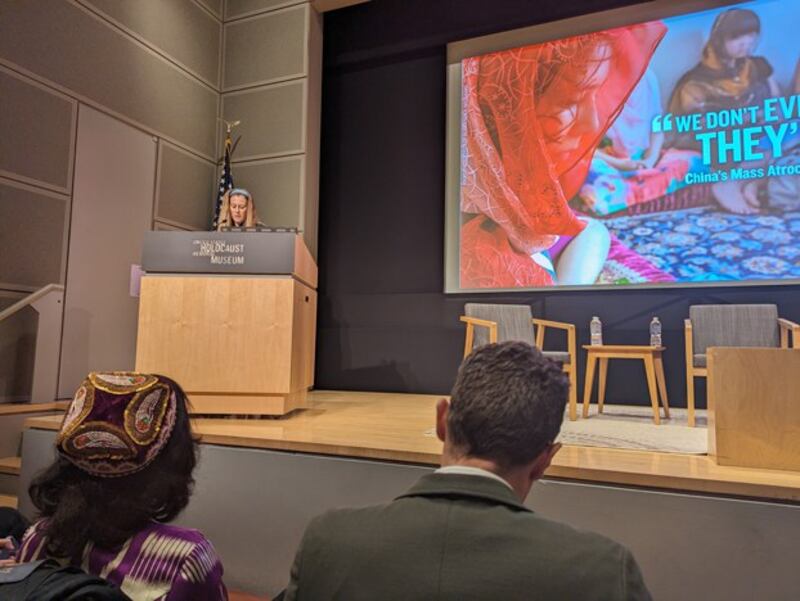 Naomi Kikoler gives opening remarks at an event on China's mass atrocities against Uyghurs in Xinjiang, at the United States Holocaust Memorial Museum in Washington, D.C., March 22, 2024.