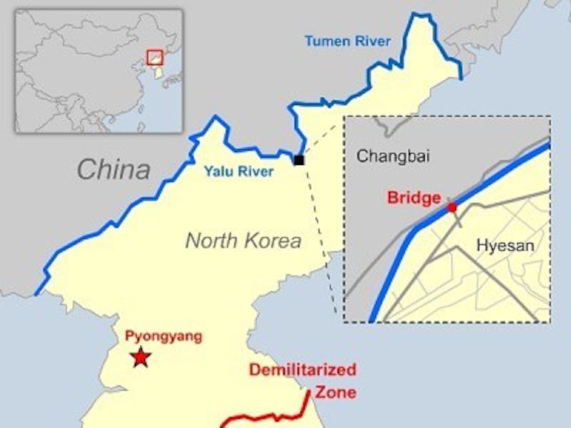 A map showing the location of the Hyesan-Changbai bridge along the Yalu River. Image credit: RFA.