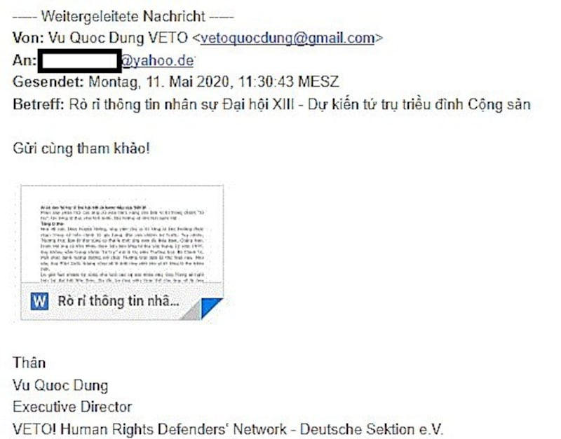 Email giả mạo danh tính của ông Vũ Quốc Dụng, Giám đốc mạng lưới nhân quyền VETO