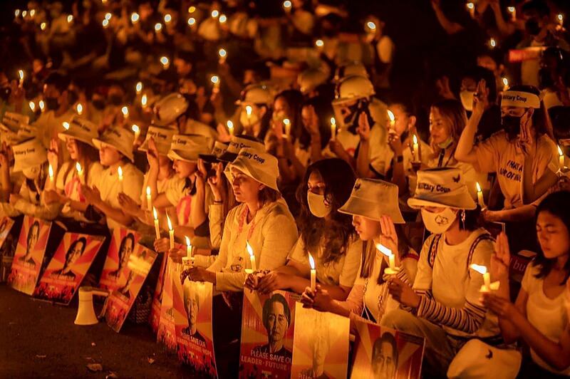 Supporters and well wishers hold a candlelight vigil for two protesters killed and dozens reported injured when riot police in Mandalay fired on protesters, Yangon, Myanmar. Feb. 20, 2021. Credit: Myanmar Celebrity TV Club 1