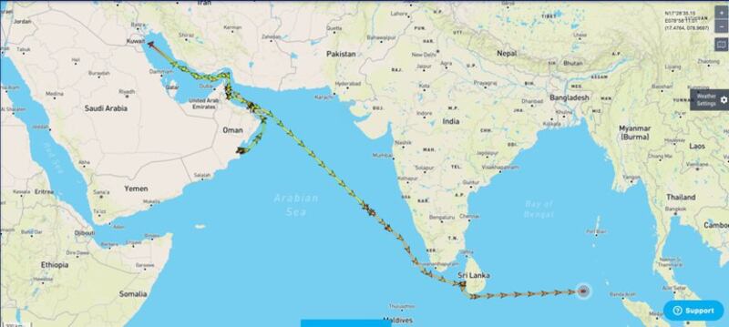 The route of the Russian-flagged oil tanker Linda, which left a port in Oman on Dec. 12 and was more than 200 miles from Banda Aceh, Indonesia as of 12:30 a.m. (Malaysia time) , March 2, 2022. Credit: MarineTraffic.com