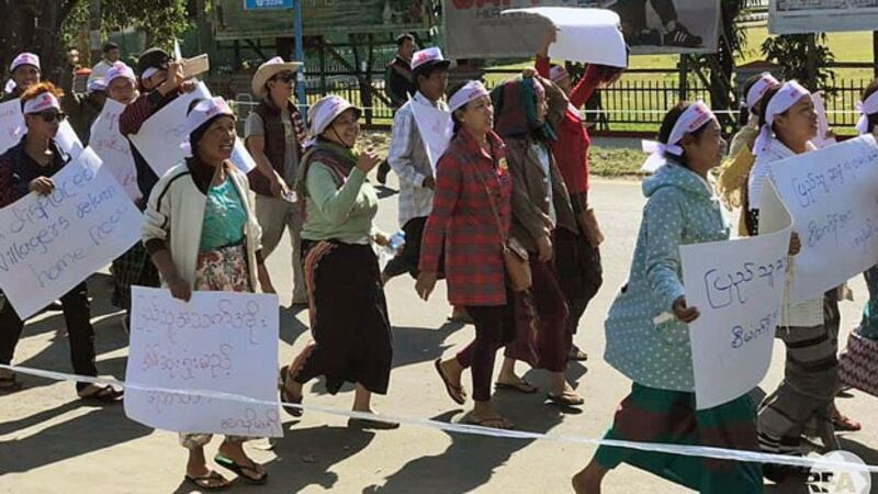 Demonstrators march to demand that the Myanmar government permanently stop the construction of Myitsone Dam, in Myitkyina, capital of northern Myanmar's Kachin state, Feb. 7, 2019.