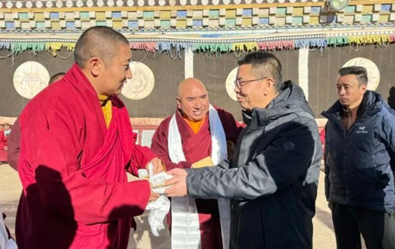 Chinese authorities visit a Tibetan Buddhist monastery in Palyul county, Kardze Tibetan Autonomous Prefecture, in southwestern China's Sichuan province, in January 2024. (Baiyu United Front Work Department)