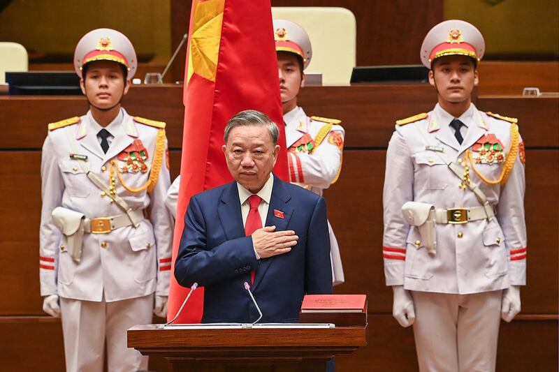 To Lam takes his oath as Vietnam's president during the National Assembly's summer session in Hanoi on May 22, 2024. (Dang Anh/AFP)