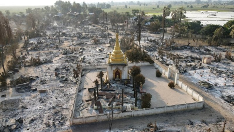 This aerial photo taken by a drone shows Bin village in Mingin, a township in Myanmar's Sagaing region, after villagers say it was set ablaze by the Burmese military, Feb. 3, 2022. Credit: Reuters