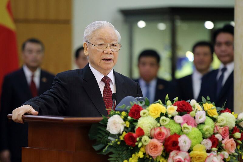 Vietnamese General Secretary of the Communist Party Nguyen Phu Trong addresses the media after a meeting with U.S. President Joe Biden at the headquarter of CPV Central Committee in Hanoi, Vietnam, Sept. 10, 2023. Credit: Luong Thai Linh/Pool Photo via AP